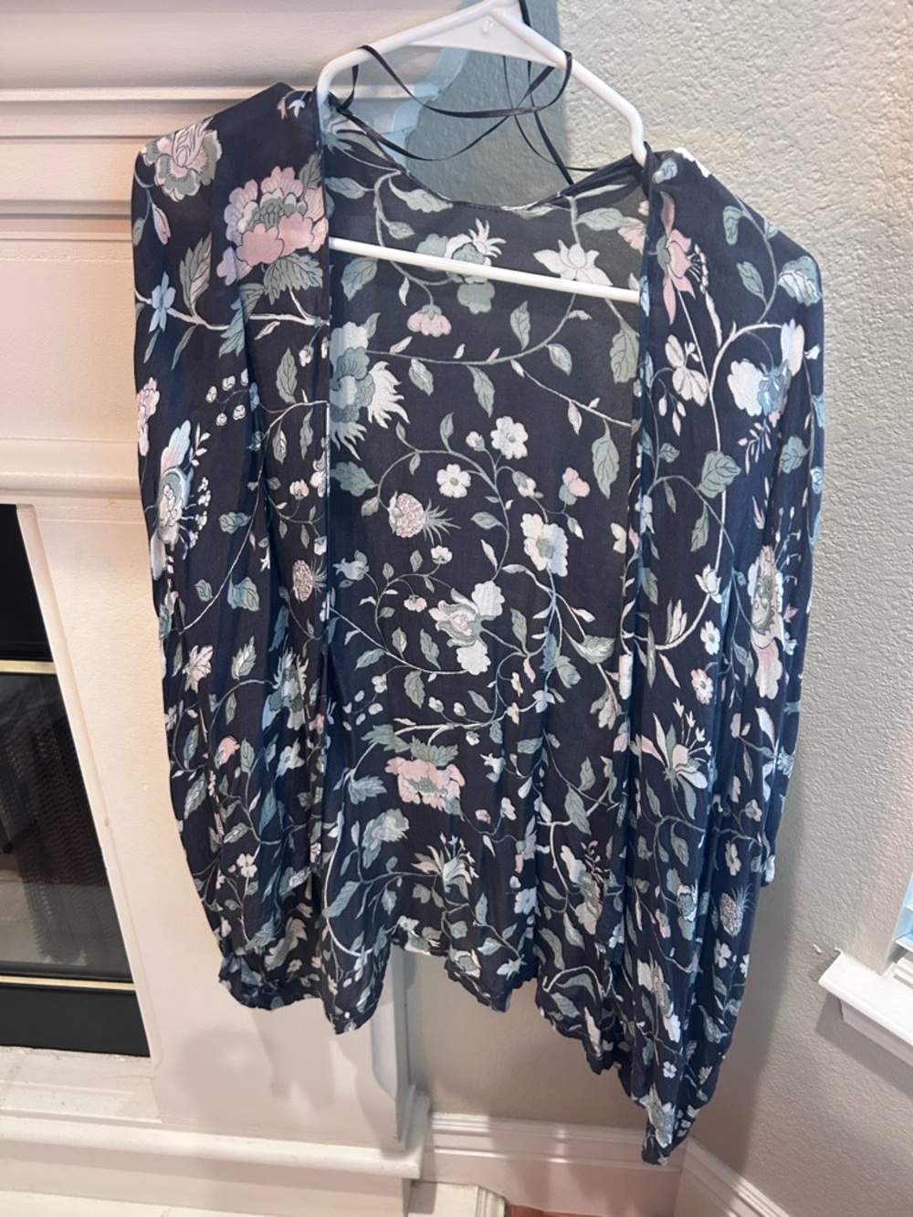 Floral Open-Front Women's Top - Navy with Pink & Light Blue
